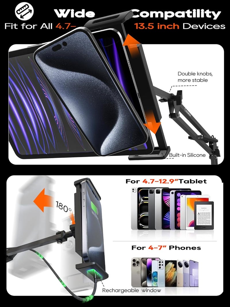 CACENCAN Tablet Stand, Tablet Mount Adjustable with Clamp for Round tube, Universal Flexible Tablet Holder with 360 Degree Rotation for iPad/iPhone/iPad Pro/N-Switch,or Other 4.5~13.5 Inches Devices (Black) - Image 4